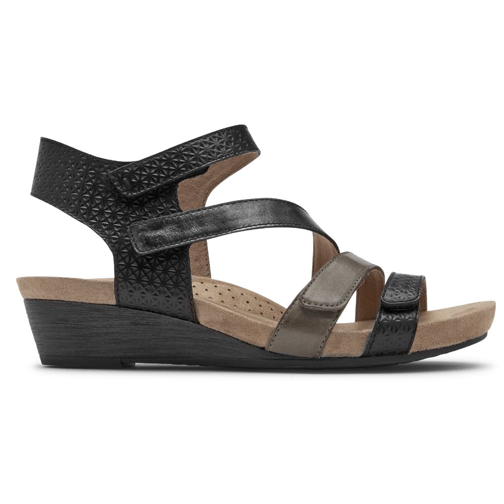 Rockport Women's Cobb Hill Hollywood 4-Strap Wedges Sandals - Black - USA (4186MSCWU)